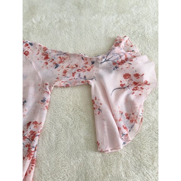 LC Lauren Conrad Blouse Size S Pink Floral Asymmetrical Bell Sleeve Pullover - Picture 4 of 11